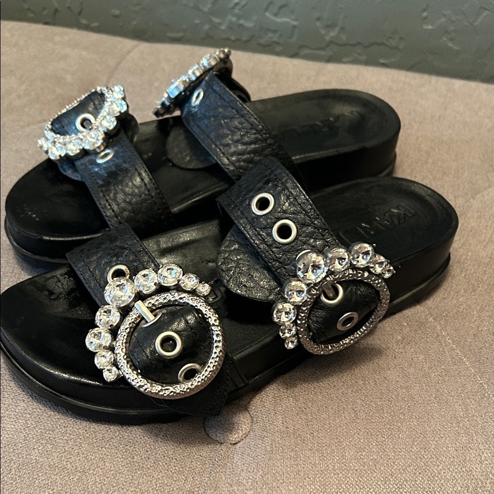 Black Sandals with Rhinestone Buckles